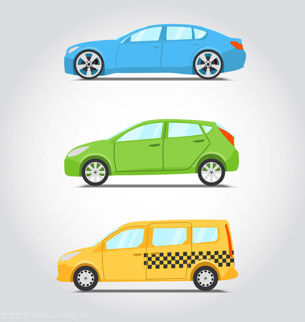 汽车图标系列。单调的色彩风格。轿车或跑车,掀背车或家庭用车和黄色出租车。矢量图